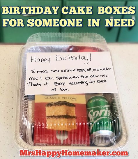 Mrs Happy Homemaker - Birthday Cake Boxes to take to the food pantry Birthday Cake Boxes For People In Need, Birthday Cake Gift Box Ideas, Blessing Boxes, Beta Club, Donation Ideas, Outreach Ideas, Service Ideas, Blessing Bags, Meal Train Recipes