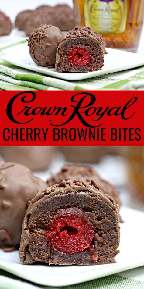 Boozy Valentines Desserts, Crown Royal Cupcakes Recipe, Cherry Surprise Balls, Boozy Balls, Booze Balls, Crown Royal Recipes, Boozy Recipes, Milk Chocolate Brownies, Cherry Brownies