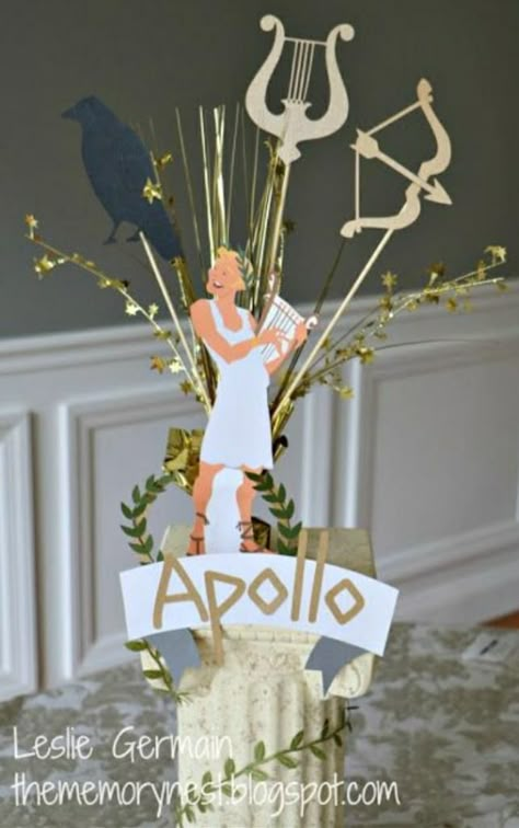 Greek Prom Theme Ancient Greece, Greek Decor Ideas, Greek Mythology Centerpieces, Greek Decorations, Greek Party Decorations, Mythology Party, Greek Party Theme, Percy Jackson Birthday, Percy Jackson Party