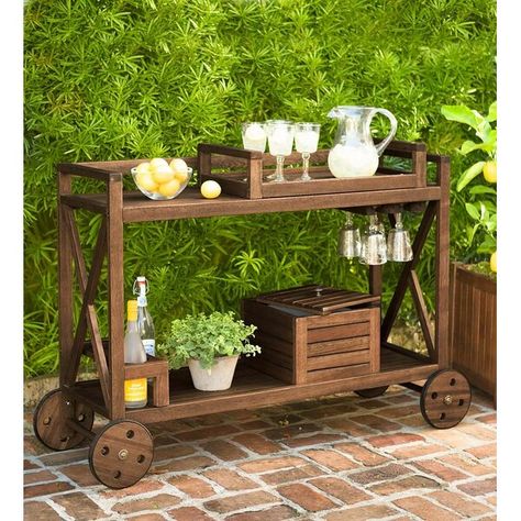 Diy Patio Bar, Outdoor Wood Bar, Bar En Plein Air, Wood Bar Cart, Diy Bar Cart, Diy Outdoor Bar, Rolling Bar Cart, Stemware Storage, Bar Exterior