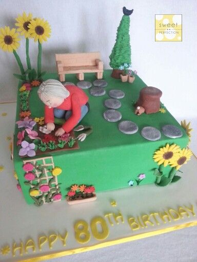 Garden cake for a lady's 80th birthday. Garden Cake Ideas For Women, Birthday Cake For Grandma Grandmothers, 80th Birthday Cakes For Women, Gardening Cakes For Women, Gardening Theme Cake For Men, Gardeners Birthday Cake, 80th Birthday Cake Garden Theme, Gardening Cakes Birthday For Men, Birthday Cake Cookies