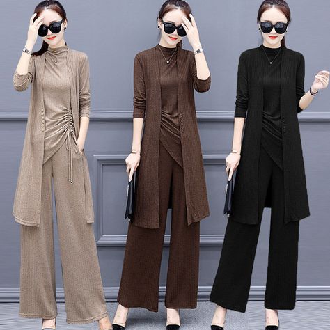 Wide Leg Pant Suit, Hijab Look, Outer Women, Womens Wide Leg Pants, Brown Outfit, Sleeveless Pullover, Three Piece Suit, Long Knit, Pantalon Large