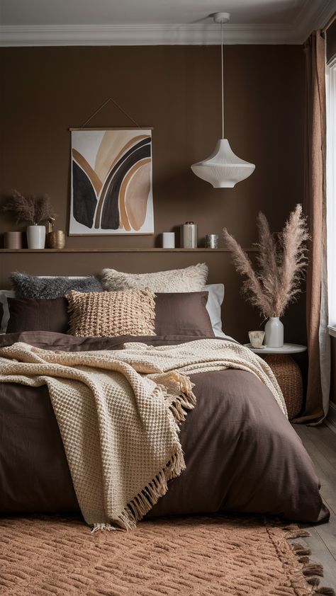 Brown Bedroom 22 Ideas: Bringing Warmth and Style to Your Space Chocolate Bedroom Decor, Bedding For Brown Bed Frame, Chocolate And Grey Bedroom, Earthy Modern Bedroom Aesthetic, Dark Organic Modern Decor Bedroom, Cream And Chocolate Bedroom, Bedrooms With Brown Walls, Brown Headboard Bedroom Ideas, Bedroom Ideas Brown And White