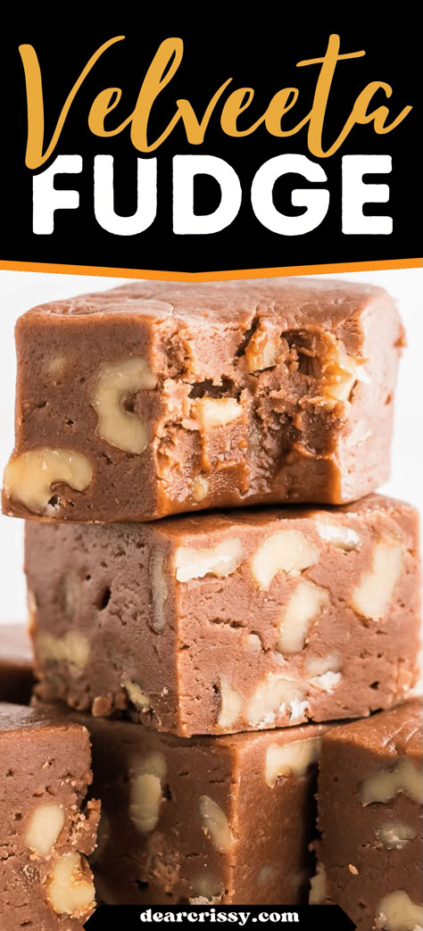 Velveeta Cheese Fudge might sound like a crazy recipe, but this is a creamy and delicious fudge made with Velveeta Cheese. It's a great Christmas fudge recipe and has a velvety texture and loads of chocolate flavor. Make it with or without walnuts for the perfect fudge dessert. Velvetta Fudge, Velveeta Cheese Fudge, Velveeta Fudge Recipe, Cocoa Powder Fudge Recipe, Cheese Fudge Recipe, Cream Cheese Fudge Recipe, Best Fudge Recipes, Creamy Fudge Recipe, Velveeta Fudge