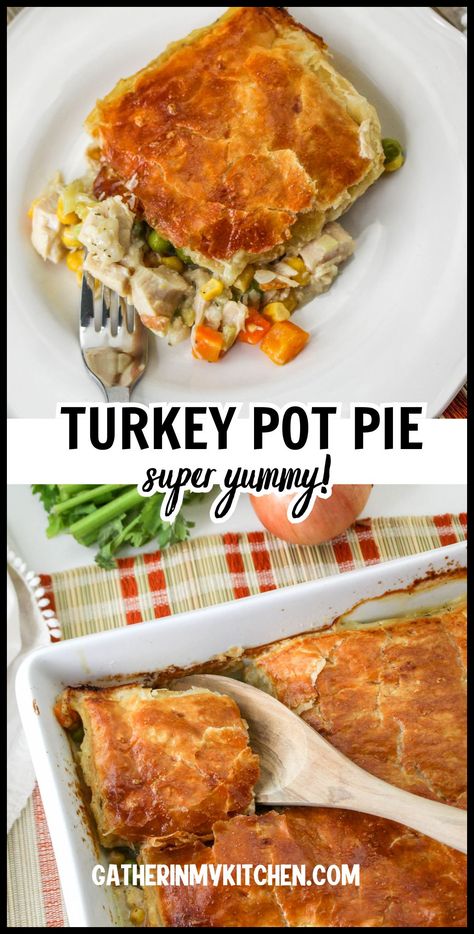 Try the best turkey casserole recipe for a hearty meal. This turkey pot pie uses leftover turkey, vegetables, and a creamy sauce topped with puff pastry. A perfect dish for Thanksgiving leftovers. Turkey Pot Pie Recipe Easy Crescent Rolls, Individual Turkey Pot Pies, Homemade Turkey Pot Pie, Oven Turkey Recipes, Turkey Pot Pie Casserole, Pot Pie With Puff Pastry, Pie With Puff Pastry, Best Turkey Recipe, Turkey Pot Pie Recipe