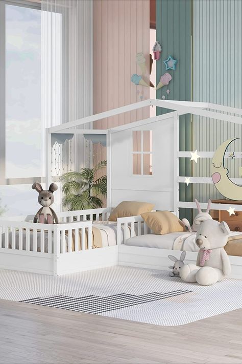 2 Kids Twin Size L-Shape Double Platform Bed Wooden Corner Montessori Bed Frame with Fence Rails and Decorative Panels Cabin/Tent Beds Beds For 2 Kids, L Shaped Twin Beds, Montessori Bed Frame, Tent Beds, Corner Twin Beds, Kids Platform Bed, Twin House Bed, Playhouse Bed, House Beds For Kids