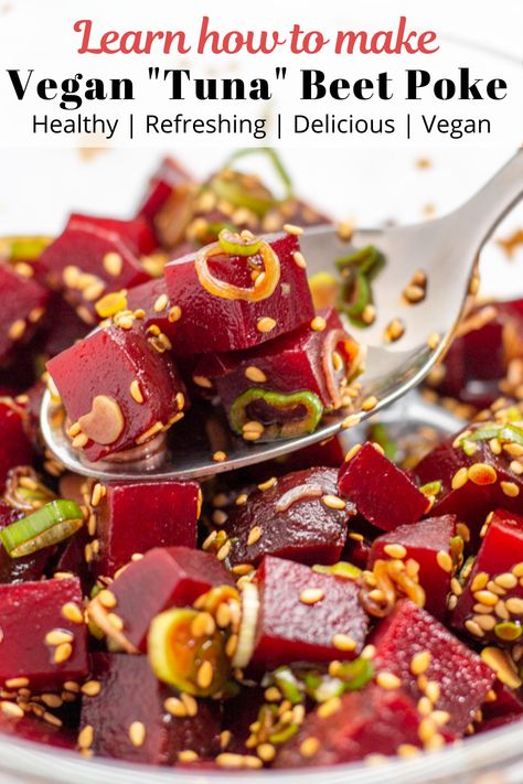 Vegan marinated beet poke bowl - Tasty vegan poke bowl with soy sauce marinated beets with refreshing veggies! A healthy and delicious meal in a jiffy! Healthy light meal with tons of flavor! Vegan Poke Bowl Sauce, Beet Buddha Bowl, Beet Bowl Recipe, Vegan Poke Bowl Ideas, Meals With Beets, Vegan Beets Recipe, Vegan Poke Bowl Recipe, Poke Bowls Ideas, Veggie Poke Bowl