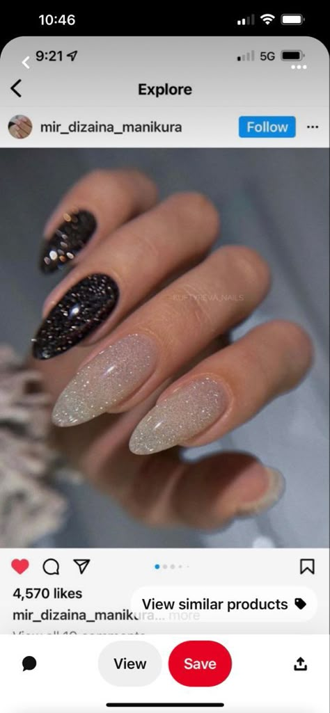 Black and nude with sparkles Christmas Nails 2023 Trends, Black Almond Nails Designs, Nails Black Almond, Sparkly Black Nails, Black Sparkle Nails, White Sparkle Nails, Nail Trends Spring, Black And Nude Nails, Spring Nail Inspiration