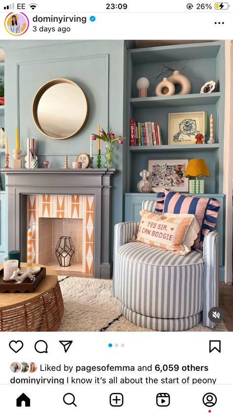 Blue Small Living Room Ideas, Small Fireplace Living Room, Pale Blue Living Room, Colourful Ceiling, Empty Fireplace Ideas, Empty Fireplace, Cane Cabinet, Living Room Ideas Blue, Cottage Eclectic