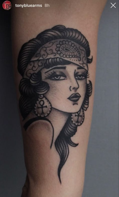 Traditional Woman’s Face Tattoo, Goddess Tattoo Traditional, American Trad Woman, American Traditional Woman Face, Old School Lady Tattoo, Old School Woman Tattoo, Pin Up Tattoo For Men, Girlhead Tattoo, Traditional Lady Face Tattoo