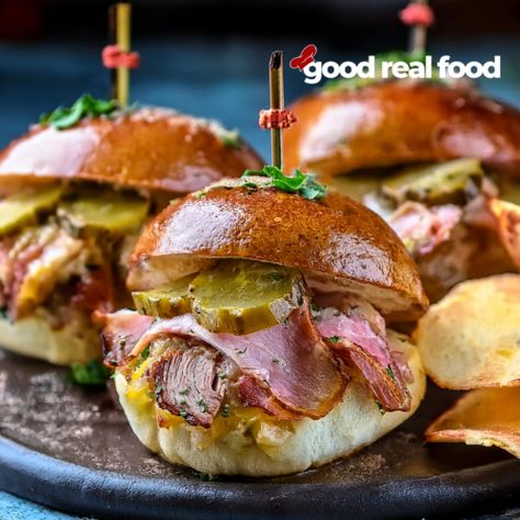 Cuban Sliders - Good Real Food Strawberry Chicken Salad, Honey Oat Bread, Slider Rolls, Classic Sandwich, Chef Inspiration, Deli Ham, Chicken Bacon Ranch, Cuban Recipes, Cheese Serving