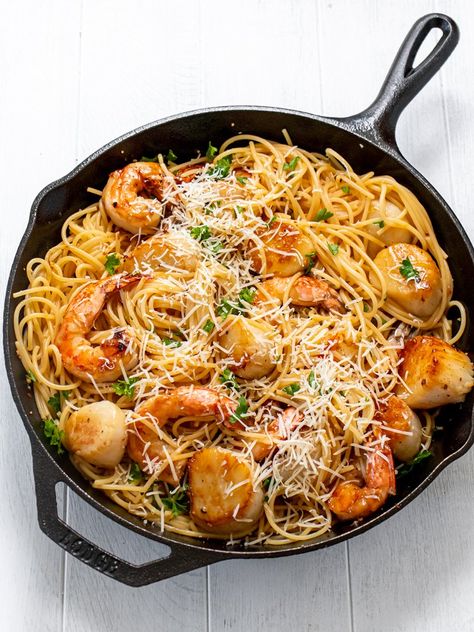 Shrimp and Scallop Scampi – Sizzlefish Shrimp And Scallop Scampi, Scallop Scampi Recipe, Scallop Scampi, Scallop Pasta, Wild Sea, Shrimp Scallops, Weekday Dinner, Sea Scallops, White Wine Sauce