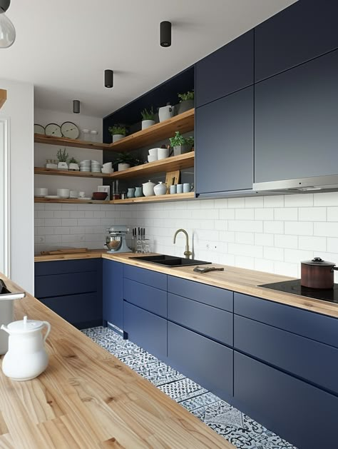 35 Blue Kitchens Inspirations - TastyInteriors Blue And Wooden Kitchen, Blue Kitchen Modern Design, Midnight Blue Cabinets Kitchen, Kitchen Blue White Wood, Blue Wooden Kitchen, Small Navy Kitchen, Indian Kitchen Interior Modern, Brown And Blue Kitchen, Kichen Cabinate Design New