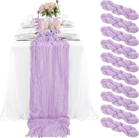 Amazon.com: 10 Pcs Lilac Cheesecloth Table Runner 10FT, Gauze Table Runner for Wedding Reception Sheer Bridal Shower Birthday Party Boho Table Decoration, Rustic Romantic Wedding Runner : Home & Kitchen Purple Table Cloth Ideas, Purple Table Runner Ideas, Purple Table Runner Wedding, Boho Wedding Table Runner, Cheese Cloth Table Runner, Boho Sisustus, Table Runner For Wedding, Cloth Table Runner, Cheesecloth Table Runner