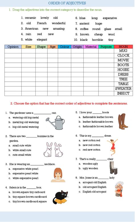 Order Of Adjectives Worksheet, Adjective Order, Adjectives Exercises, Adjectives Worksheet, Order Of Adjectives, Adjectives Activities, Text To Self Connection, Adjective Words, English Grammar Exercises