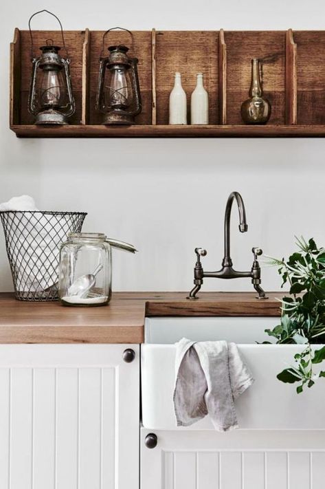 Timber Benchtop, Small Laundry Room Makeover, Farmhouse Laundry, Farmhouse Laundry Room, Rustic Farmhouse Kitchen, Kitchen Farmhouse, Laundry Room Makeover, Farmhouse Style Kitchen, Trendy Kitchen