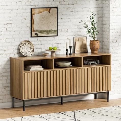 Modern Buffets And Sideboards, Wood Buffet Cabinet, Fluted Sideboard, Credenza Storage, Mid Century Buffet, Modern Sideboard Buffet, Mid Century Modern Sideboard, Wellness Room, Modern Buffet