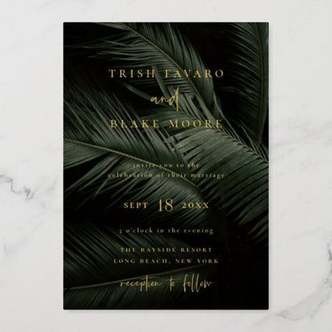 Dark Moody tropics photography background, gold foil Wedding Invitation. Perfectfor your tropical beach wedding. Modern Art Deco Wedding, Rose Gold Foil Invitations, Tropical Invitations, Leaf Invitations, Gold Foil Invitation, Gold Foil Wedding Invitations, Tropical Wedding Invitations, Gold Foil Wedding, Foil Wedding Invitations