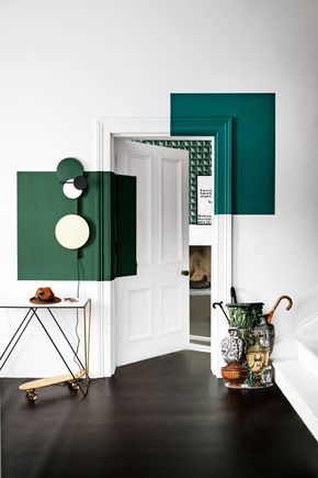 Pump up pristine walls and woodwork with graphic blocks of colour – strong green tones set the scene for a warm, embracing space. #colourblockwalls #decoratingwithgreen #statementwalls Corner Sofa Set, Creative Wall, Ideas Creative, Wall Color, Wall Decor Living Room, Living Room Wall, White Walls, Bedroom Wall, Trending Decor