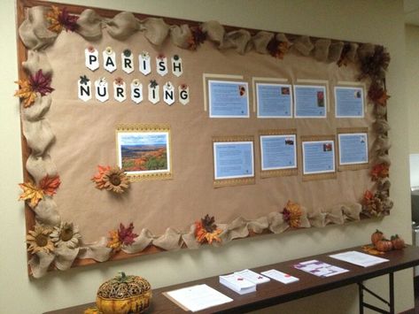 Fall bulletin board complete for parish nursing | Birthday bulletin boards, Office bulletin boards, Bulletin board design Fall Bulletin Boards For Workplace, Bulletin Board Ideas For Church Ministry, Bulletin Boards School, Parish Nurse, Fall Church Bulletin Boards, Childrens Ministry Decor, Nurse Bulletin Board, Office Bulletin Boards, Nurse Ideas