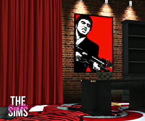 Scarface Art - Boy Room | The Sims Baddie on Patreon Sims 4 Male Room Cc, Sims 4 Boy Room Cc, Scarface Art, Sims Baddie, Scarface Poster, Sims Finds, Baddie Room, Urban Male, Sims 4 Male Clothes