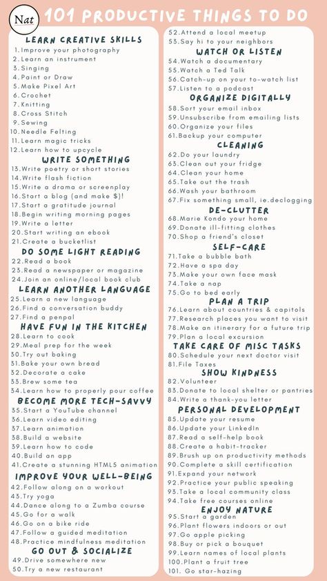 Productive List To Do, Things To Work On Yourself List, Ideas For Lists To Make, To Do List Daily Things To Do, 100 Productive Things To Do, To Do List When Bored, Things To Put On Calendar, Things To Put On Your To Do List, List To Do When Bored