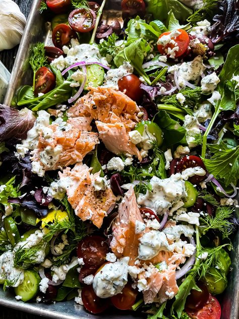 Greek Salmon Salad. rich salmon, tangy feta dill dressing, a big bowl of fresh greens come together to create the most flavorful salad ever! Green Salad With Salmon, Greek Salmon Salad, Greek Salmon, Salad With Salmon, Feta Dressing, Dill Salmon, Dill Dressing, Salmon Filet, Salmon Salad