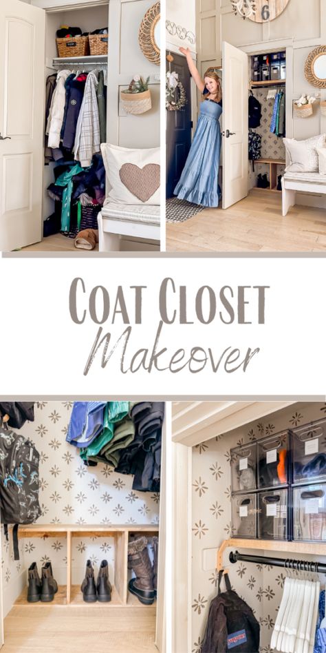 Coat Closet Makeover Coat Closets, Coat Closet Makeover, Small Coat Closet, Backpack Hooks, Coat Closet, Pool Bags, Tall Ceilings, Closet Makeover, Board And Batten