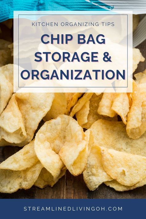 Organize your kitchen pantry by getting  unruly bags of snacks and chips in order.  These organization and storage ideas will help you bring organization to your space and use the space better.  Great tips for organizing in households with snack lovers! How To Store Chips Pantry, Chip Bag Storage Ideas, Chip Organization Storage Ideas, Crisps Storage Ideas, Chip Storage Ideas Pantries, Potato Chip Storage Ideas, Chip Bag Storage, Chip Storage Ideas, Chips Storage