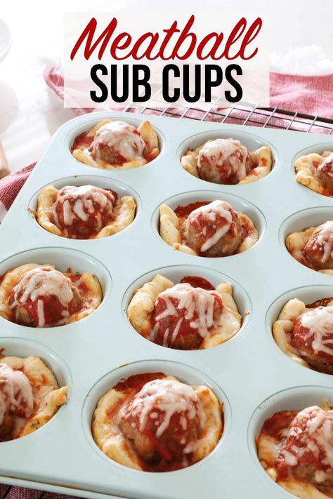 These meatball sub cups are such a fun recipe for individual meatball subs and the perfect appetizer for game days or even a fun way to eat dinner! An easy appetizer using crescent rolls, frozen meatballs, marinara sauce and mozzarella cheese. Made in under 30 minutes! Meatballs Crescent Rolls, Meatball Crescent Cups, Crescent Roll Meatball Recipes, Frozen Mini Meatball Recipes, Meatball Crescent Rolls, Frozen Meatball Appetizer Recipes, Meatball Appetizer Recipes, Meatball Cups, Using Crescent Rolls