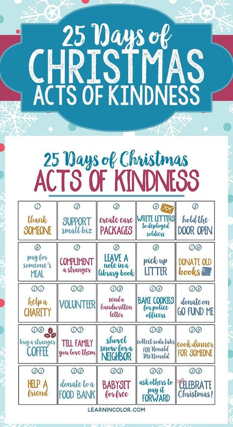 25 Days of Christmas Acts of Kindness: Free Printable 25 Days Of Kindness Christmas, 25 Days Of Kindness Christmas Kids, Christmas Giving Ideas Acts Of Kindness, Christmas Kindness For Kids, Christmas Service Ideas, 25 Days Of Christmas Crafts, Random Acts Of Kindness Christmas, Christmas Acts Of Kindness, 25 Days Of Christmas Activities