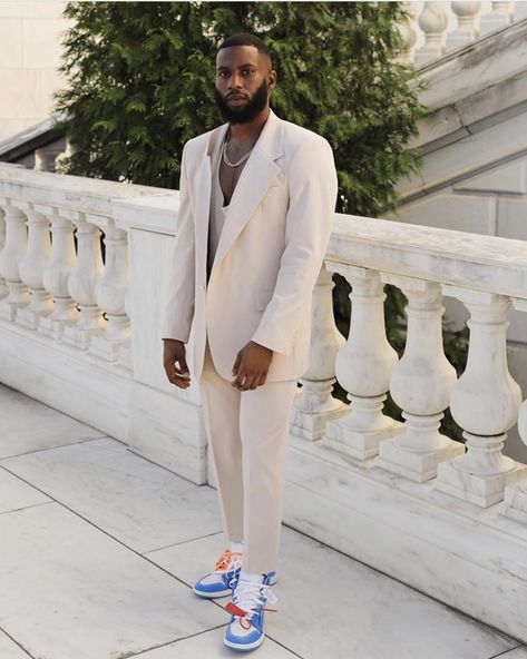 Off-white x Nike Jordan air 1 ft classy suit. Dress down drip Sport Chic Outfit Men, Suits With Nike Sneakers Men, Dunks With Suit Men, Jordan 1 Suit Outfit, Men Suits And Sneakers, Suite With Sneakers Men, Jordan 1 With Suit Men, Sneaker Suit Outfit Men, Suits With Jordans Men