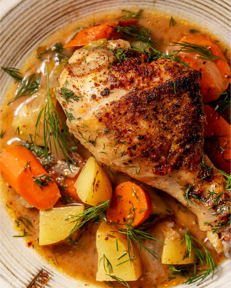 Honey-Dijon Chicken with Dill | Tried and True Recipes Chicken With Dill, Vegan Chow Mein, Honey Dijon Chicken, Dill Chicken, Thyme Chicken, Dijon Chicken, Tried And True Recipes, Honey Dijon, Roasted Root Vegetables