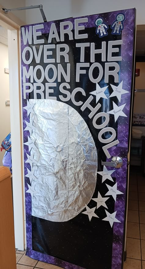 Moon Door Decorations Classroom, Classroom Door Space Theme, Moon Classroom Decor, Space Hallway Decorations School, Space Theme Classroom Door, Space Door Decorations, Outer Space Bulletin Boards, Space Theme Bulletin Boards, Moon Bulletin Board