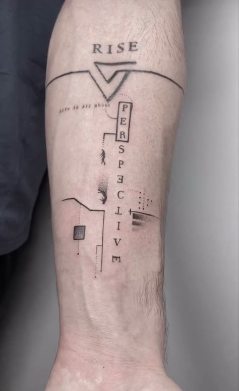 Tattoos On Perspective, Time Concept Tattoo, Minimalist Forearm Tattoo Men, Concept Tattoos Men, Perspective Tattoo Design, Prospective Tattoo, Tattoo Sentences, Smart Tattoo, Perspective Tattoo