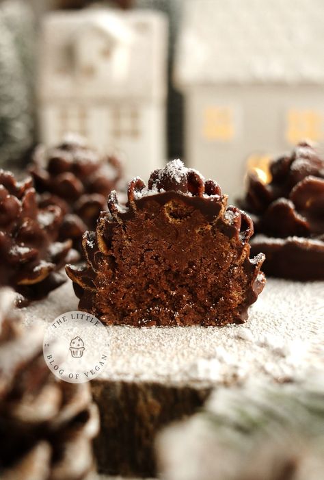 No-bake pinecone chocolate truffle cut in half. Vegan Pinecone Truffles, Pinecone Dessert, Pinecone Truffles, Christmas Host, Bourbon Biscuits, Dairy Free Cream Cheese, Baking Stuff, Vegan Christmas Recipes, Chocolate Biscuits