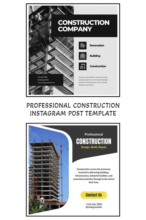 Construction instagram post template. Canva template. Editable with canva. Construction Instagram Post, Modern Construction, Construction Design, Building Construction, Construction Company, Instagram Post Template, Post Templates, Design Solutions, Canva Template