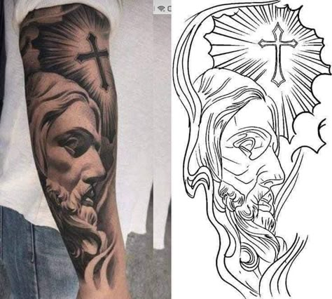 Tattoo Stencils Forearm, Sleeve Stencils Tattoo Designs, Chicano Tattoo Design Ideas, Jesus Tattoo Stencil, Tato Realis, Christus Tattoo, Jesus Tattoo Design, Half Sleeve Tattoo Stencils, Half Sleeve Tattoos Drawings