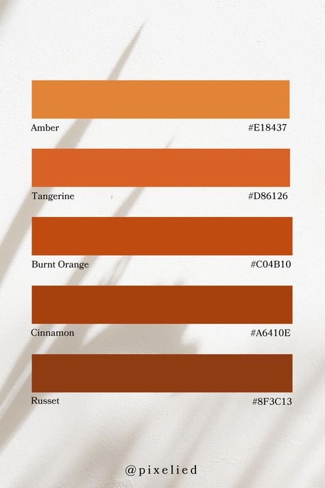 Experience fiery warmth with this palette: Amber's golden glow, Tangerine's lively energy, Burnt Orange's rich depth, Cinnamon's spicy warmth, and Russet's earthy undertones. Burnt Orange Color Swatch, Burnt Orange Colour Palette, Amber Color Palette, Color Scheme Generator, Earth Colour Palette, Tone Color Palette, Orange Color Combinations, Idea Generation, Earth Tone Color Palette