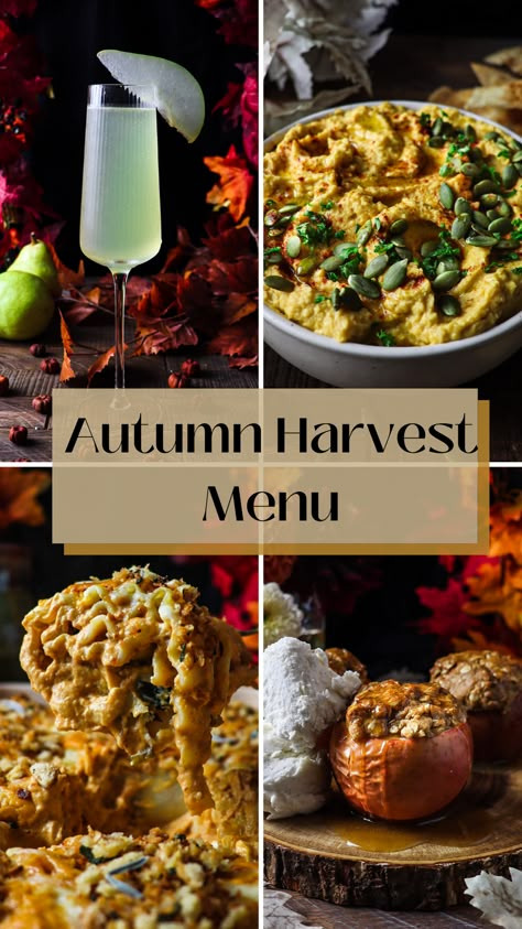 Fall Farm To Table Recipes, Fall Harvest Dinner Recipes, Harvest Dinner Menu Ideas, Harvest Feast Ideas, Fall Feast Food, Autumn Savory Recipes, Autumn Solstice Food, Harvest Menu Ideas, Fall Equinox Dinner Party