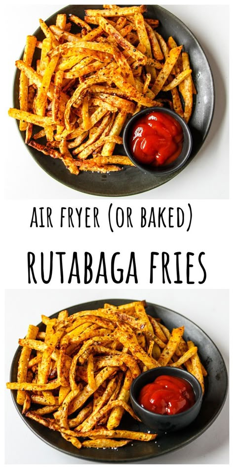 Rutabaga fries on a black plate with a small dish of ketchup. Low Carb Uk Recipes, Keto Rutabaga Fries Air Fryer, Healthy Rutabaga Recipes, Rutabaga Fries Air Fryer, Rutabaga Air Fryer, Root Vegetable Fries Air Fryer, Air Fryer Rutabaga Fries, Air Fryer Rutabaga Recipes, Rutabaga Recipes Air Fryer