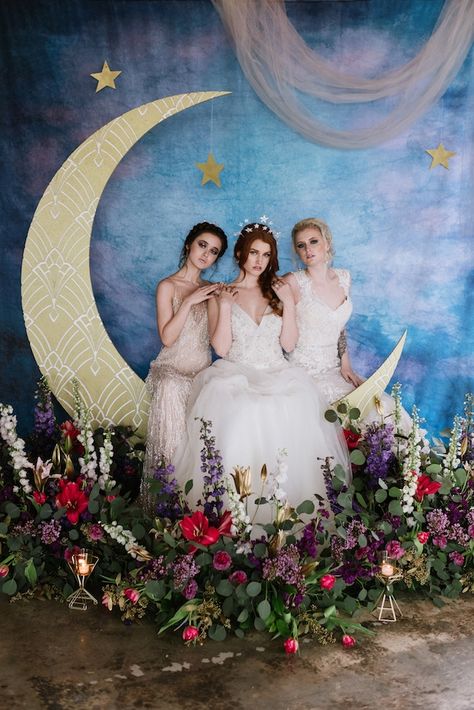 Celestial Wedding Inspiration with Dresses from Demetrios Celestial Winter Wedding, Celestial Wedding Flowers, Celestial Prom, Celestial Wedding Decor, Celestial Flowers, Celestial Wedding Theme, Starry Wedding, Fairytale Wedding Theme, Starry Night Wedding