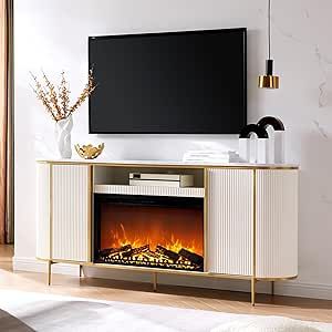 OKD 70 Inches Modern Fireplace TV Stand for TVs Up to 80 inches, Blister Molding Media TV Console Table with Storage Cabinets, Light Luxury Entertainment Center for Living Room, Curved Design, White Fluted Fireplace, Tv Camino, Realistic Electric Fireplace, Luxury Fireplace, Tv Console Table, Console Tv, Television Stands, Modern Style Furniture, Fireplace Tv Stand