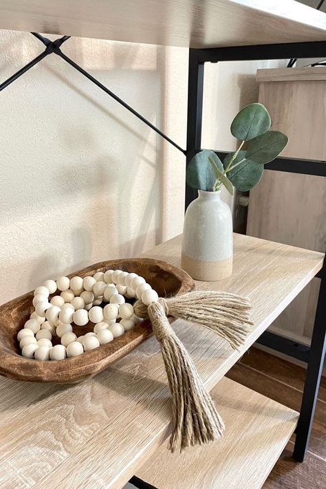 Beads In Bowl Decor, How To Style Wooden Bead Garland, How To Style A Decorative Bowl, Beads In A Bowl Decor, Wooden Trays Decoration, Decorative Beads In Bowl, How To Style Wooden Beads, Bowl With Beads Decor, Decorating Bowls Ideas