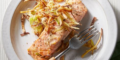 Horseradish-Crusted Salmon with Crispy Leeks Recipe | EatingWell Horseradish Crusted Salmon, Crispy Leeks, Leeks Recipe, Pesto Salmon, Asparagus Pasta, Crusted Salmon, Dinner Plan, Clean Eats, Low Carb Dinner