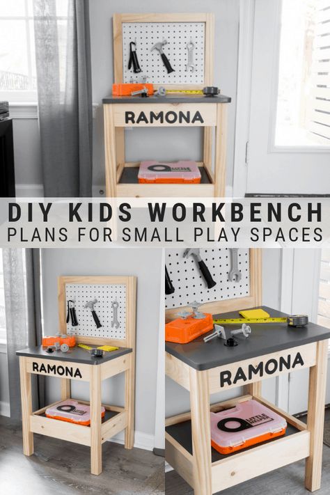 These DIY kids workbench plans will show you how to build a play workbench that will fit in small play spaces. #kidsworkbench #woodworking #playworkbench #diyprojects #diyideas #diyinspiration #diycrafts #diytutorial #diy Kids Tool Bench Diy, Diy Kids Tool Bench, Diy Kids Workbench, Ikea Hack Kids, Kids Workbench, Kids Tool Bench, Diy Kids Table, Diy Kids Furniture, Workbench Plans Diy