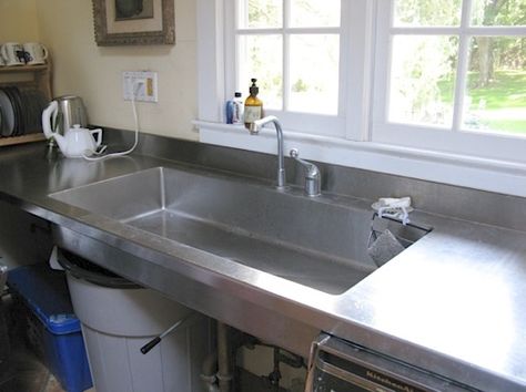 sink as work surface, designed by a cook Commercial Kitchen Sink In Home, Seamless Backsplash, Shallow Sink, Stainless Steel Kitchen Counters, Free Standing Kitchen Sink, Pizza Pub, Steel Countertops, No Upper Cabinets, Sink Counter