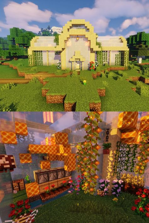 Bee Farms Minecraft, Bee Farm Ideas Minecraft, Minecraft Bee Farm Design, Minecraft Bee Hive Ideas, Minecraft Bee Greenhouse, Minecraft Bee Hive Build, Skyblock Builds, Bee Enclosure Minecraft, Bee Minecraft Build