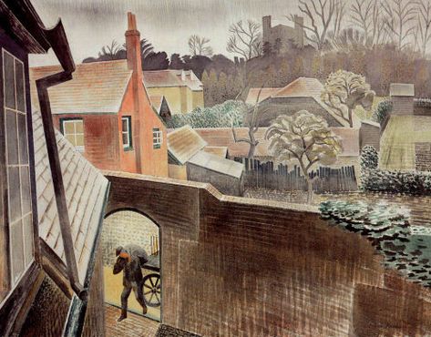 Eric-ravilious, Back gardens Castle Hedingham c 1934 Eric Ravilious, Hedingham Castle, Snow Pictures, London Transport, Postcard Collection, Wood Engraving, Back Gardens, British Art, British Artist