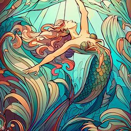 (31) art nouveau mermaid fancy perspective underwater - Image Creator from Microsoft Bing Art Nouveau Mermaid, Mermaid Art Nouveau, Iphone Backgrounds Nature, Mucha Mermaid, Underwater Mermaid Painting, Art Nouveau Underwater, Psychadelic Art Nouveau, Peter And The Starcatcher, Mermaid Decor